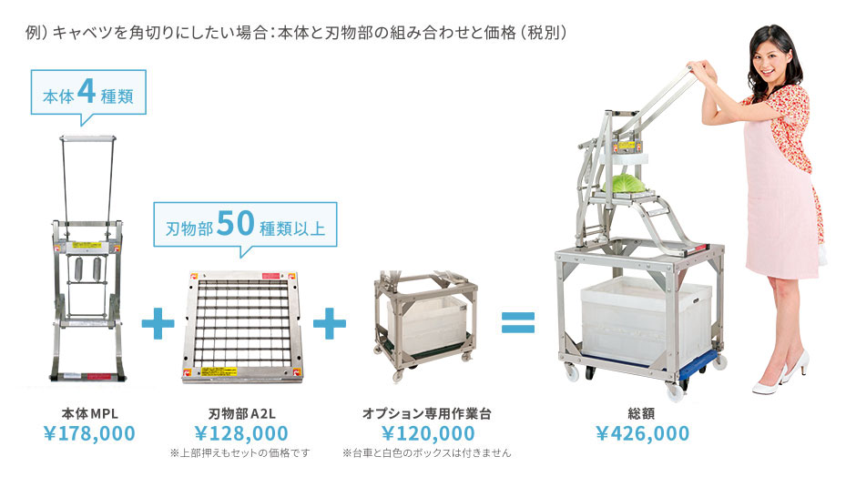 例）キャベツを角切りにしたい場合：本体と刃物部の組み合わせと価格（税別）